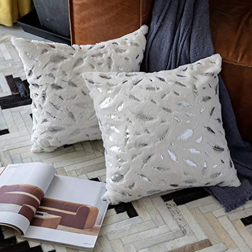 Book Cover OMMATO Throw Pillows Covers 18 x 18,Set of 2 White Fur with Silver Leaves Soft Throw Pillows for Couch Bed,Accent Home Decorative Square Cushions Cases Shams Pillowcases Farmhouse,45 x 45 cm