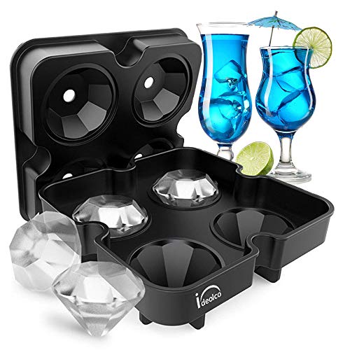 Ice Cube Trays,Ideolco Diamond-Shaped Ice Cube Molds Maker, Flexible Silicone Ice Tray with Spill-Resistant Removable Lid and Funnel for Cocktail Whisky Bourbon Pudding-Black
