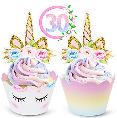 ecoZen Unicorn Cupcake Toppers and Wrappers Decorations, Reversible Rainbow Cupcake Liners with Unicorn Toppers, Cute Decorating Supplies for Girl Birthday Party, 30 of Each
