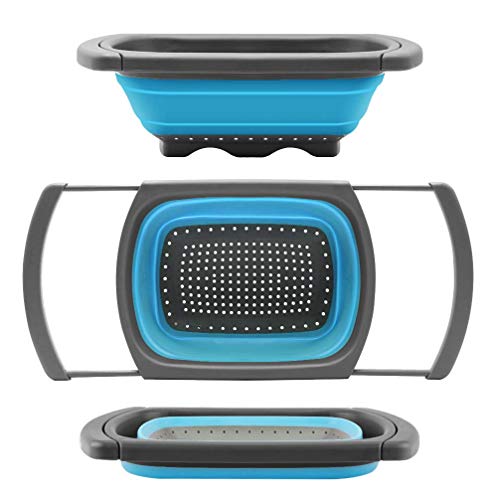 Kitchen Collapsible Colander Colander Strainer Over The Sink Vegetable/Fruit Colanders Strainers With Extendable Handles, Folding Strainer for Kitchen (6 Quart, Blue)
