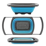 Kitchen Collapsible Colander Colander Strainer Over The Sink Vegetable/Fruit Colanders Strainers With Extendable Handles, Folding Strainer for Kitchen (6 Quart, Blue)