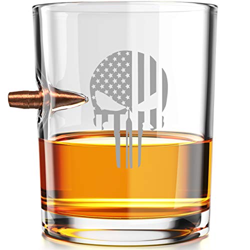 Punisher Flag - .308 Real Solid Copper Projectile Hand Blown Old Fashioned Whiskey Rocks Glass