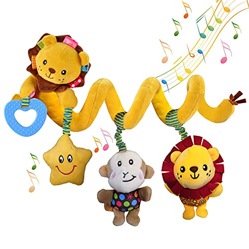 Book Cover willway Hanging Car Seat Toys, Infant Baby Car Seat Toys for Babies 0-36 Months - Spiral Plush Toys with Musical Star Rattle Monkey Beep Lion - Cute & Bright Colors