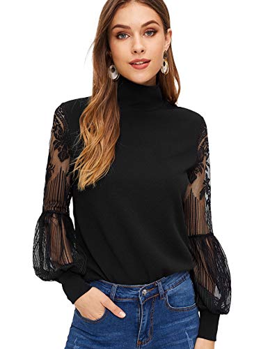 Book Cover Floerns Women's High Neck Lace Lantern Long Sleeve Top Blouse