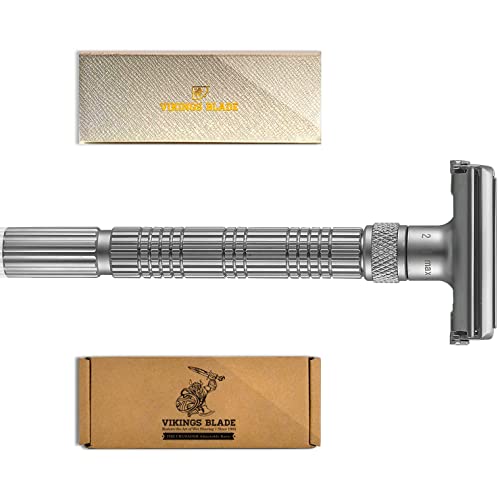 Book Cover Adjustable Double Edge Safety Razor, The Crusader by VIKINGS BLADE, Long Handle, Butterfly Twist-To-Open Head, Eco Friendly, Luxury Leatherette Case. Smooth, Close, Clean Shaving (Frosted Chrome)
