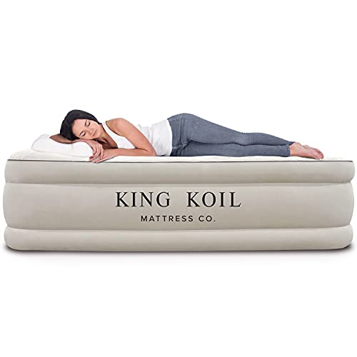 Book Cover King Koil Twin Air Mattress with Built-in Pump - Double High Elevated Raised Airbed for Guests with Comfortable Top ONLY Bed with 1-Year Manufacturer Guarantee Included