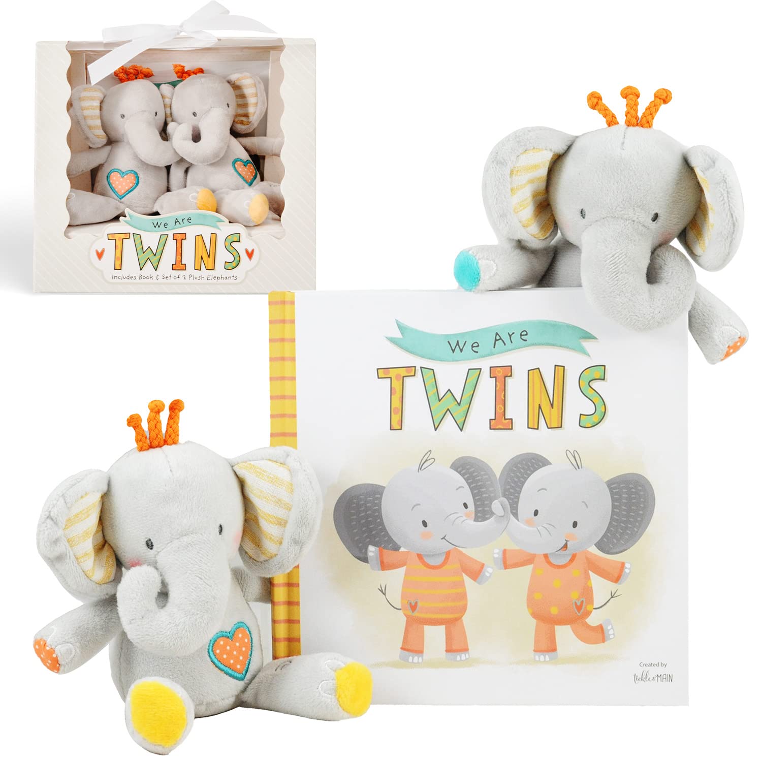Book Cover Tickle & Main We are Twins, Baby and Toddler Twin Gift Set, Keepsake Book and Set of 2 Plush Elephant Rattles for Boys and Girls