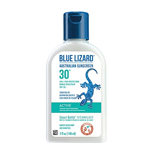 Book Cover BLUE LIZARD Active Mineral Sunscreen with Zinc Oxide/SPF 30/Water & Sweat Resistant/UVA/UVB Protection with Smart Bottle Technology, Unscented, 5 Fl Oz
