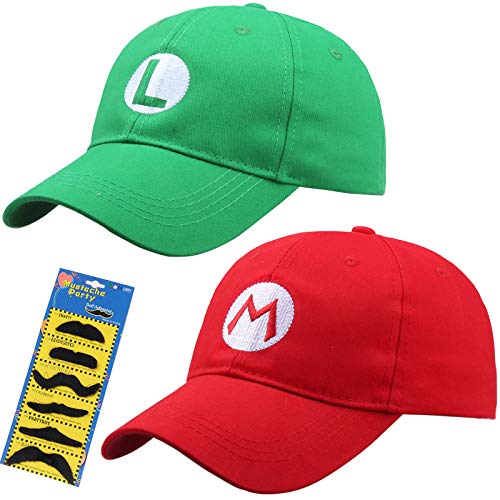 Book Cover TISOSO Fashion Super Mario Bros Hat Baseball Cap Unisex Costume cosplay Halloween Hat for Adult Kids (Red and Green) 2Pcs