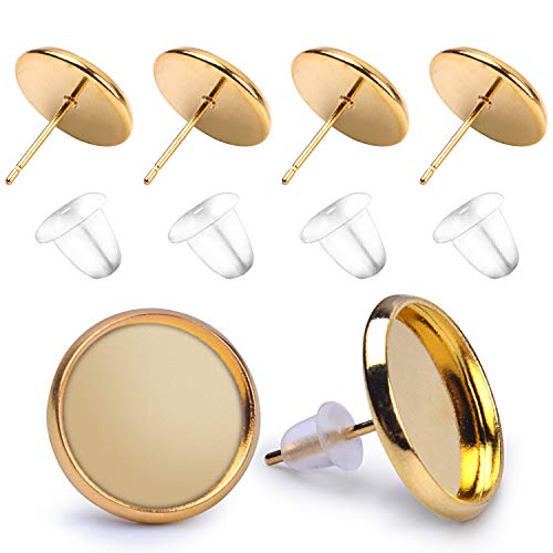 Book Cover BronaGrand 50 Pieces Stainless Steel Stud Gold Earring Cabochon Setting Post Cup for 12mm and 50 Pieces Clear Rubber Earring Safety Backs