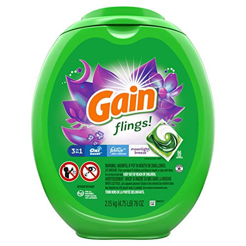 Book Cover Gain flings! Laundry Detergent Soap Pacs, High Efficiency (HE), Moonlight Breeze Scent, 96 Count
