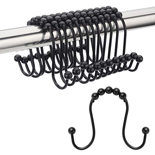 Book Cover Amazer Shower Curtain Hooks, Rust-Resistant Stainless Steel Double Glide Shower Hook Rings for Bathroom Shower Rod Curtains, Black, Set of 12 Hooks