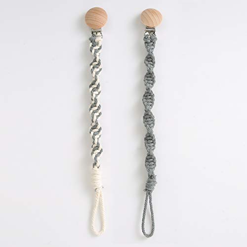 Macramé Baby Pacifier Clip-Hand Dyed Cotton Rope/Natural， Paci - Boho Baby Gift Set of 2 (Gray and Gray Beige)