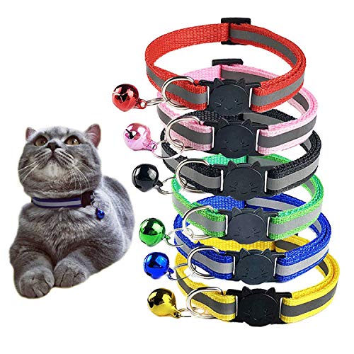 D-buy Cat Collars, Set of 8 Pcs, 6 Pcs Cat Collars with Bell and 2 Pcs Pet ID Tag Boxes, Breakaway Cat Collar with Bell, Reflective Nylon Cat Collar, Pet ID Tags