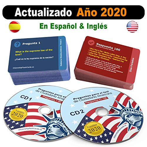 Ciudadania Americana 2020 ( 2 CD + 100 Flash Cards )- ESPAÑOL & INGLES | US Citizenship Test Study Guide 2020, SPANISH & ENGLISH - 100 Official USCIS Questions & Answers