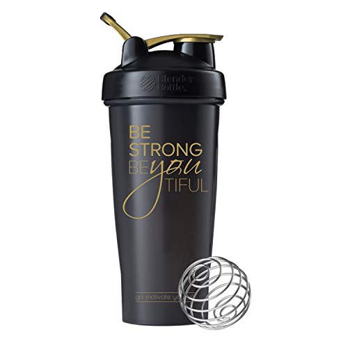 Motivational Quote on Blender Bottle Brand Shaker Bottle, 20 or 28 ounce capacity, Fitness Gift, Includes BlenderBall Whisk, Dishwasher Safe (Be Strong - 28oz - Black/Gold)