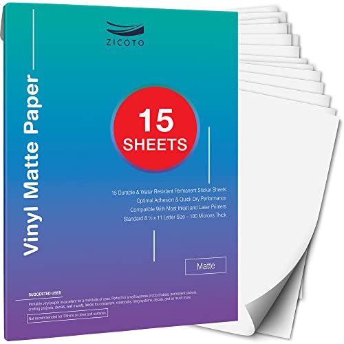 Premium Printable Vinyl Sticker Paper for Your Inkjet and Laser Printer â€“ 15 Matte White Waterproof Decal Paper Sheets - Dries Quickly and Holds Ink Beautifully - Accessories Set for Cricut