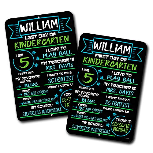 First and Last Day of School (Set of 2) Blue and Green Chalkboard Style Photo Prop Tin Signs 12 x 18 inch - Reusable Easy Clean Back to School, Customizable with Liquid Chalk Markers (Not Included)