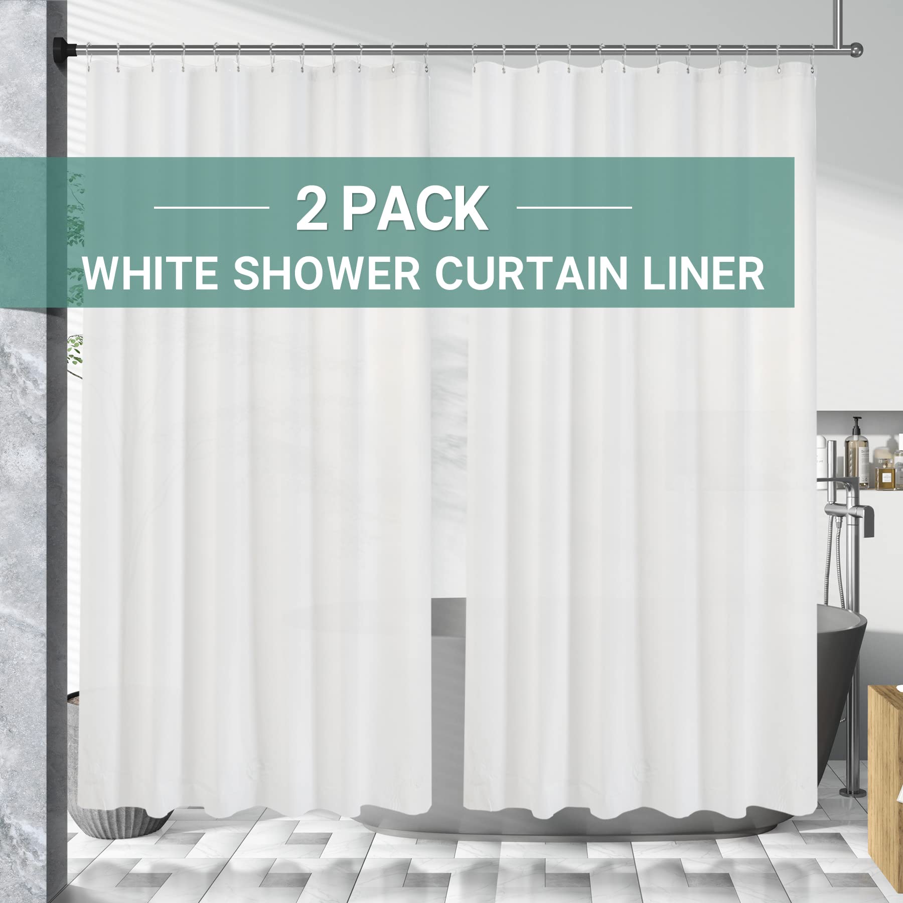AmazerBath 2 Pack Thin Shower Curtain Liners, 72 x 84 Inches PEVA 3G Plastic Shower Curtains with Heavy Duty Stones and 12 Grommet Holes, Extra Long Waterproof Lightweight Plastic Liners- White White 72" W x 84" H