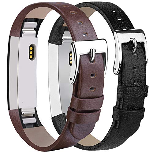 Tobfit Compatible for Fitbit Alta HR and Alta Leather Replacement Bands [2 Pack], Black, Coffee Brown, 5.5''-8.1''