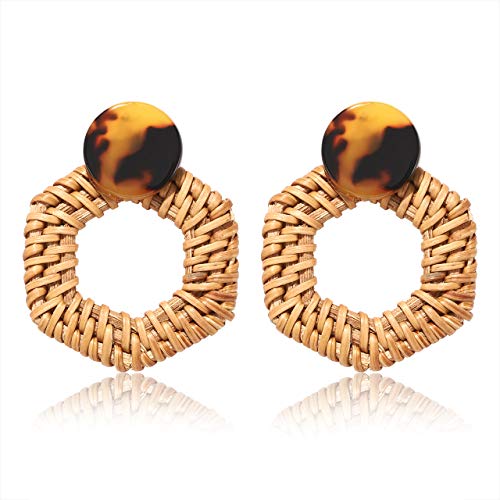 PHALIN Rattan Earrings Handmade Wicker Braid Drop Earrings Boho Lightweight Weave Straw Hoop Dangle Earrings Statement Earring for Women Girls