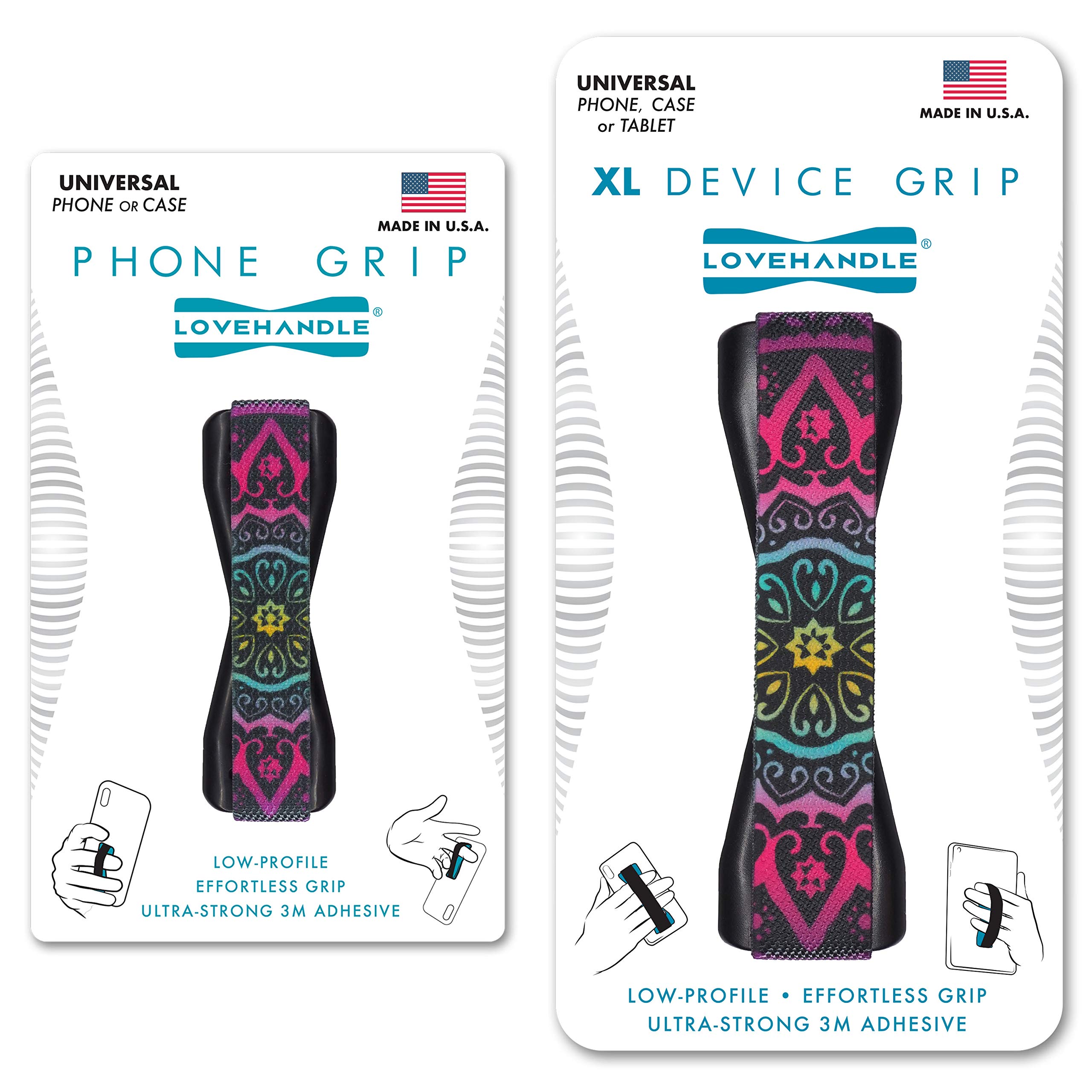 LoveHandle Duo Grip for Smartphone and Tablet - Boho Design Elastic Strap wih Black Base Original Grip + XL Grip