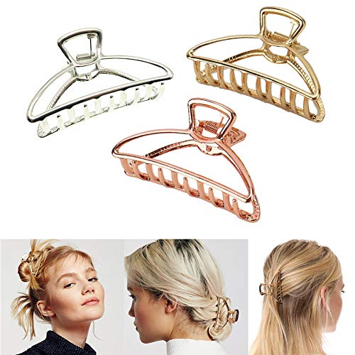 Book Cover VinBee 3 PACK Large Metal Hair Claw Clips Hair Catch Barrette Jaw Clamp for Women Half Bun Hairpins for Thick Hair (Silver + Gold + Rose Gold)