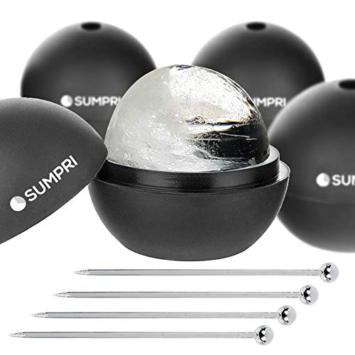 Book Cover SUMPRI Sphere Ice Mold -2.5 Inch Silicone Ice Ball Maker With Lid For Whiskey Glasses [4 Pack] -FREE 4 Inch Stainless Steel Cocktail Picks -Round Ice Cubes Will Keep Your Drink Cold Longer