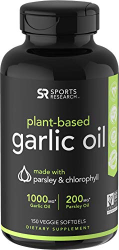 Book Cover Odorless Garlic Oil Pills (1000mg) with Parsley & Chlorophyll | The only Vegan Certified Garlic Supplement Available | 150 Veggie softgels