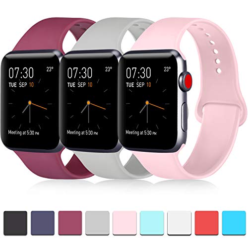 Book Cover Pack 3 Compatible with Apple Watch Band 38mm, Soft Silicone Band Compatible iWatch Series 4, Series 3, Series 2, Series 1 (Wine Red/Gray/Pink, 38mm/40mm-M/L)