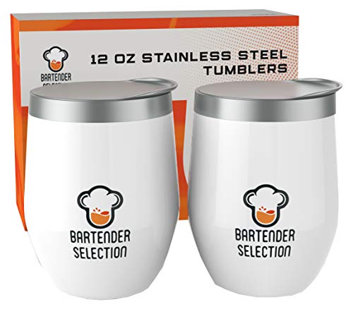 Book Cover BARTENDER SELECTION Stemless Wine Tumbler, 12 oz Stainless Steel Vacuum Insulated Double Wall Tumbler with Lid, Straw Friendly, Ideal for Wine, Coffee, Beer (Pack of 2 per set, White)