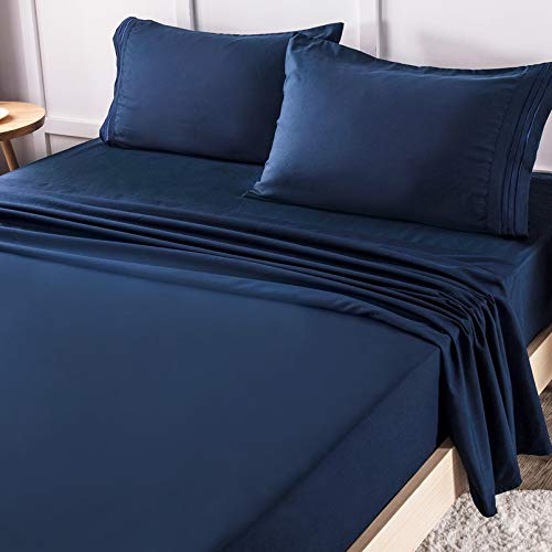 Book Cover LIANLAM Queen Bed Sheets Set - Super Soft Brushed Microfiber 1800 Thread Count - Breathable Luxury Egyptian Sheets 16-Inch Deep Pocket - Wrinkle and Hypoallergenic-4 Piece(Queen, Navy Blue)