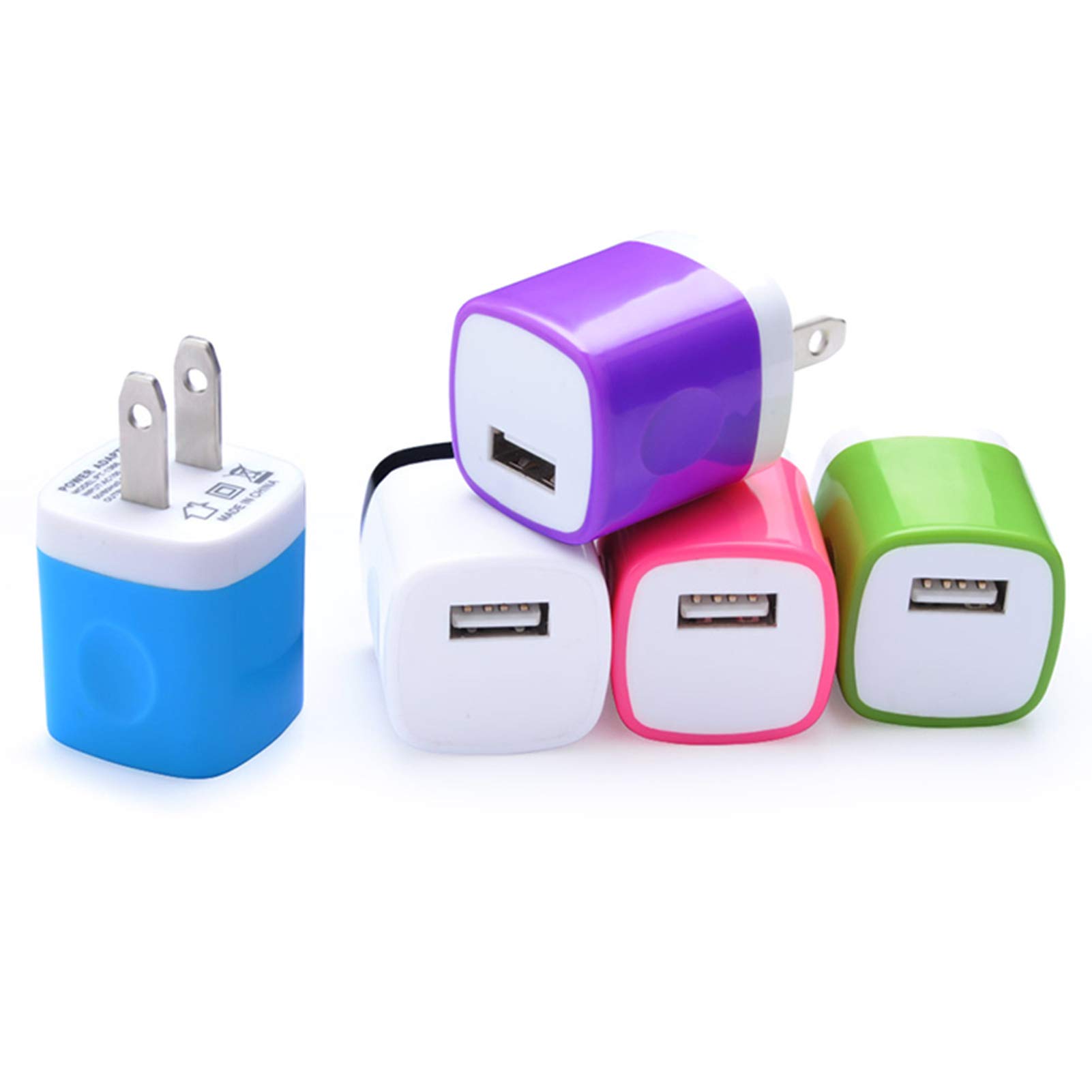 Book Cover Wall Charger 5Pack, Home Travel USB Power Adapter Wall Charger Plug Charging Block Cube for iPhone 14 13 12 11 Pro Max/10/SE/Xs/XR/X/8/7/6/6S Plus,Samsung Galaxy S21 S20 S10 A12 A32,LG,Kindle,Android White, Purple, Blue, Rose, Green