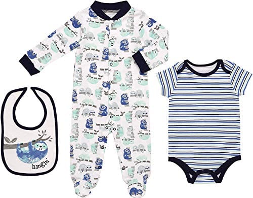 Book Cover Mini B. by Baby Starters 3-Piece Layette Set- Blue/Just Hanging Sloth, 6-9 Months