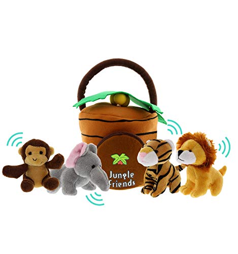 Book Cover Jungle Animals Talking Plush Baby Toy â€“ 5 Piece Small Stuffed Animals Set Including Jungle House Carrier and Stuffed Monkey, Lion, Tiger & Elephant â€“ These Mini Toys are Ideal for Boys and Girls