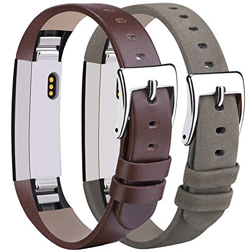 Tobfit Leather Bands Compatible with Fitbit Alta/Alta HR Bands, Genuine Leather Replacement Wristbands, (Chocolate Brown+Suede Grey, 5.5''-8.1'')