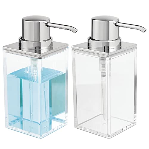 mDesign Set of 2 Bathroom Soap Pump â€” Stylish Soap Dispenser Pump for Bathroom Sink â€” Handwash Dispenser for The Bathroom or Kitchen â€” Clear/Silver