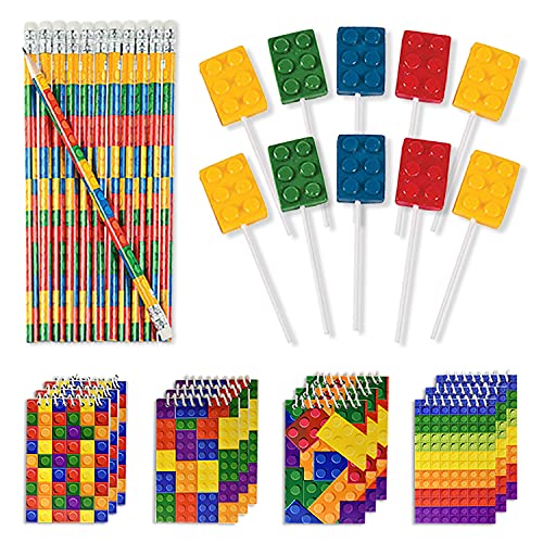 48 Building Blocks Favors - 12 Lollipop Suckers in 4 Flavors + 12 Bracelets + 12 Mini Notepads + 12 Pencils, Brick Birthday Party Supplies and Prizes
