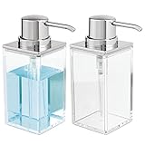 mDesign Rectangle Plastic Refillable Liquid Soap Dispenser Pump Bottle for Bathroom Vanity, Countertop, Sink - Holds Hand Soap/Sanitizer, Essential Oils, Lumiere Collection, 2 Pack, Clear/Chrome