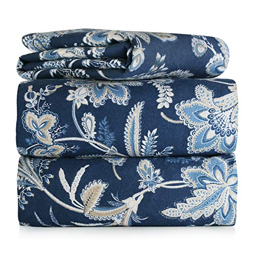 Piece 100% Soft Flannel Cotton Bed Sheet Set â€“ Queen/King Size â€“ Patterned Bedding Covers â€“ 1 Flat Sheet, 1 Fitted Sheet, 2 Pillow Cases - Fade Resistant Designs, (Blue Jacobean, king)