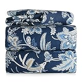 Piece 100% Soft Flannel Cotton Bed Sheet Set – Queen/King Size – Patterned Bedding Covers – 1 Flat Sheet, 1 Fitted Sheet, 2 Pillow Cases - Fade Resistant Designs, (Blue Jacobean, king)