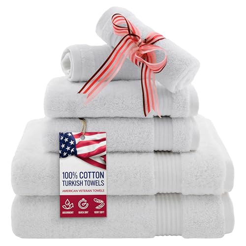Premium, Luxury Hotel & Spa, Turkish Towel 100% Cotton 6-Piece Towel Set for Maximum Softness and Absorbency by American Veteran Towel (Snow White)