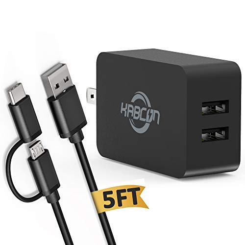 Kindle Fire Fast Charger, 5V 2.4A AC Adapter for Amazon Kindle Fire HD, HDX 6" 7" 8.9" 9.7", Fire 7 8 10 Tablet and Phone, Dual Port USB Wall Charger with 5FT Micro-USB Cable and USB C 2 in 1 Cable