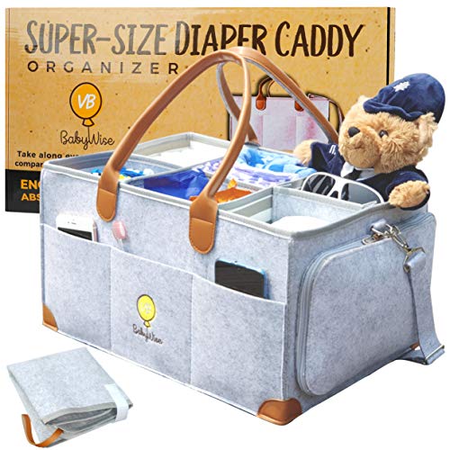 KCOOL VBBabyWise Baby Diaper Caddy Organizer - Extra-Large 17x12x9 inch Portable Nursery Essential Storage Bin for Home or Traveling or Newborn with Diaper Changing Pad Bonus