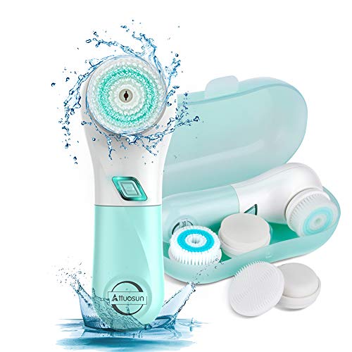 Facial Cleansing Brush, ATTUOSUN Waterproof Face Brush with 5 Heads,Electric Spin Cleansing with 2 Speed Rotation and Deep Cleansing,Gentle Exfoliating,Removing Blackhead for All Skin Types
