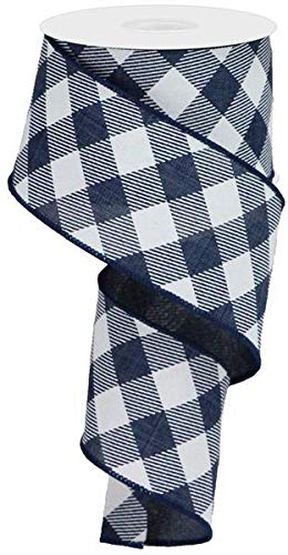 Diagonal Plaid Check Wired Edge Ribbon - 10 Yards (Navy Blue, White, 2.5 Inches)