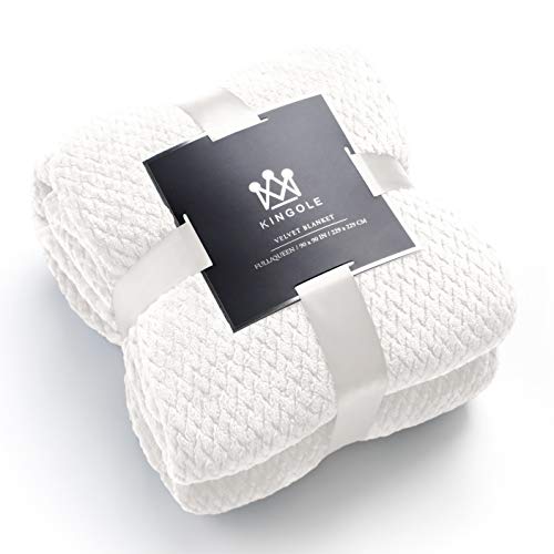 Kingole Flannel Fleece Luxury Throw Blanket, Cream White Twin Size Jacquard Weave Pattern Cozy Couch/Bed Super Soft and Warm Plush Microfiber 350GSM (66 x 90 inches)