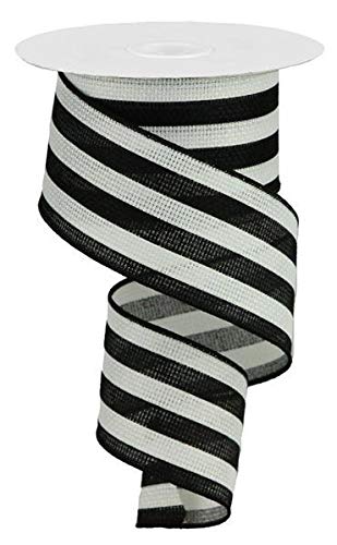 Vertical Stripe Wired Edge Ribbon - 10 Yards (White, Black, 2.5 Inches)