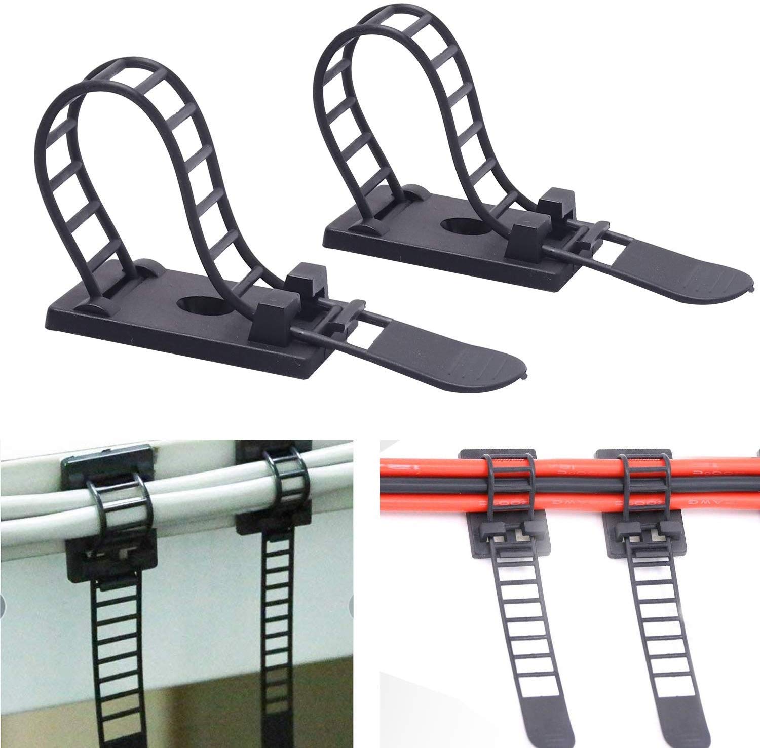 Adjustable Self-Adhesive Nylon Cable Tie mounts Cable Straps with Optional Screw Cord Clamps for wire management(50pack)
