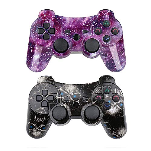 PS3 Controller Wireless SIXAXIS Double Shock Gamepad for Playstation 3 Remote, 2 Pack with PS3 Controller Charger Cable (Black Ghost+Starry Sky)